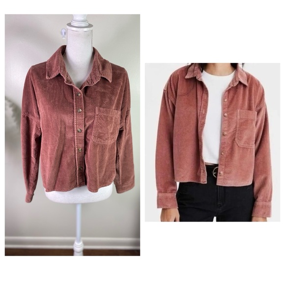 American Eagle women corduroy cropped collared buttoned shirt pocket Sz M rust - Picture 1 of 10